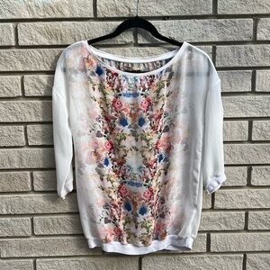 Bershka Sheer 3/4 Sleeve Floral Blouse Sz S